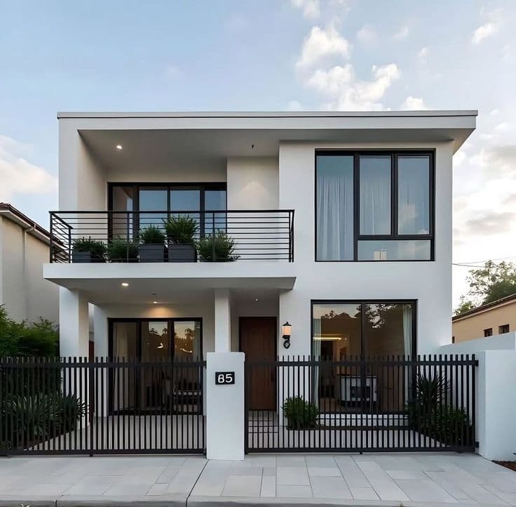 Modern lake house with forest and mountains